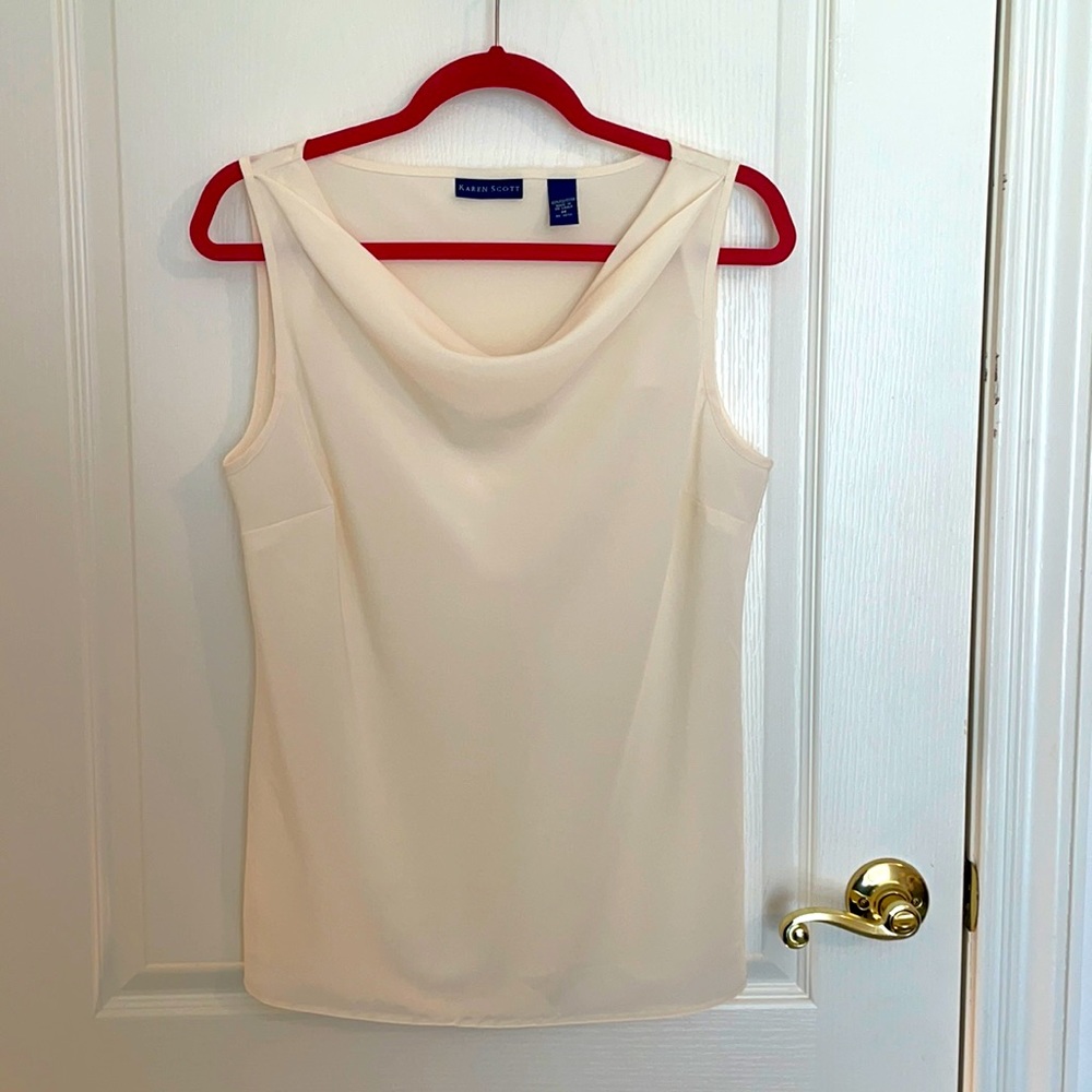Karen Scott sheer cream colored drape neck blouse